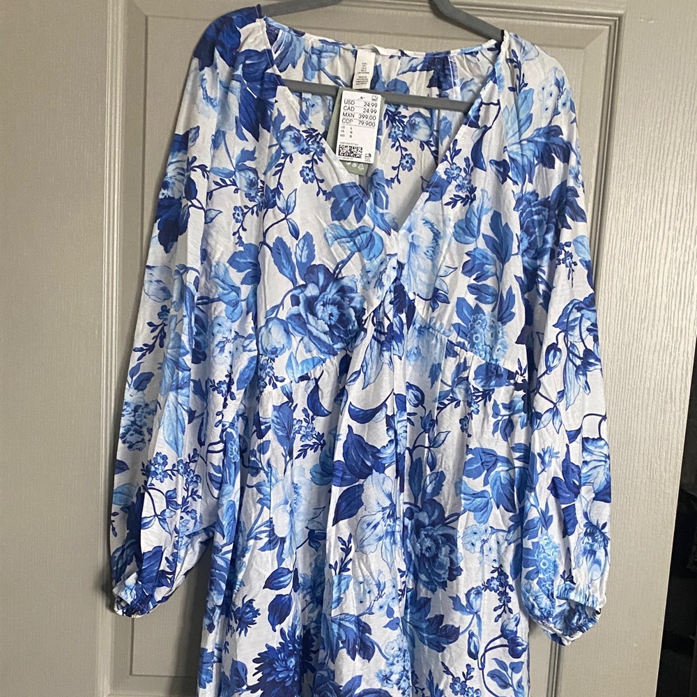 H&M Blue and White Floral Long Sleeve Dress